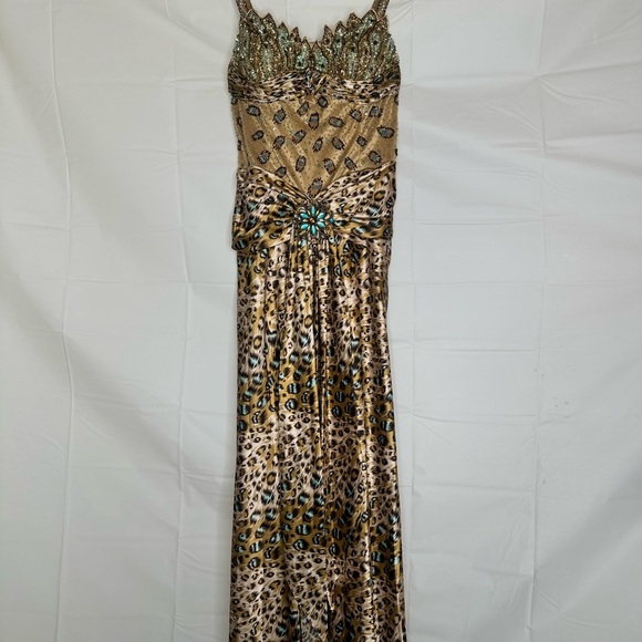 Y2K Vintage Aspeed USA Leopard Print Turquoise Accent Beaded A Line Gown size L - Picture 4 of 16